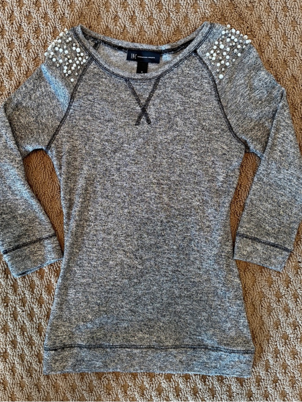 INC International Concepts Gray Embellished Shoulder Knit Top